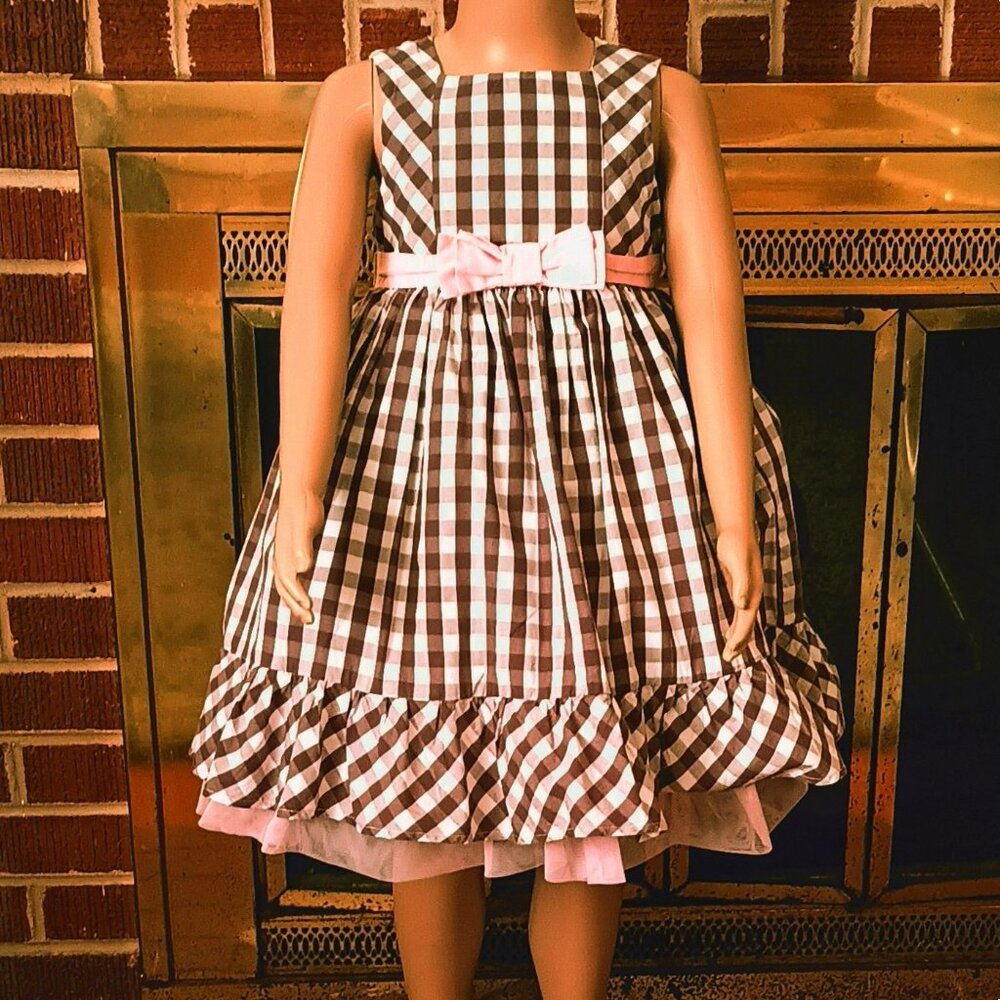 Savannah Brown & Pink Gingham Dress 4T Sleeveless Ruffle Tulle Hem Bow Tie Back